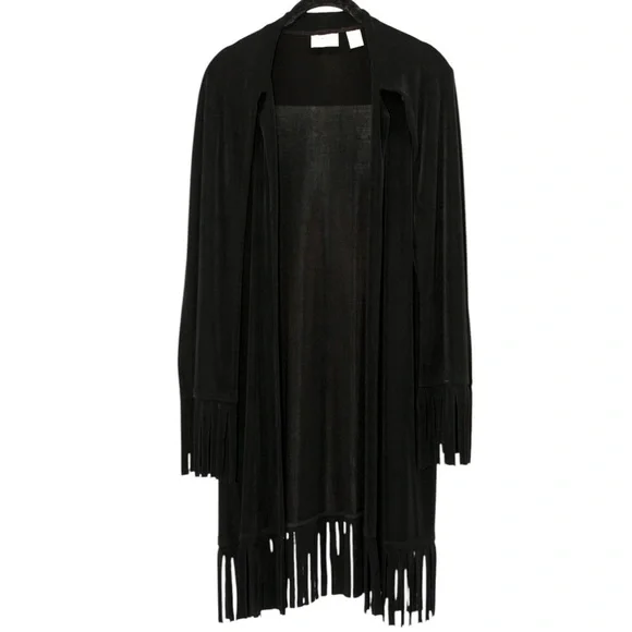 Chico’s Travelers Black Fringe Hem Long Length Cardigan Size S/4 - Picture 2 of 10